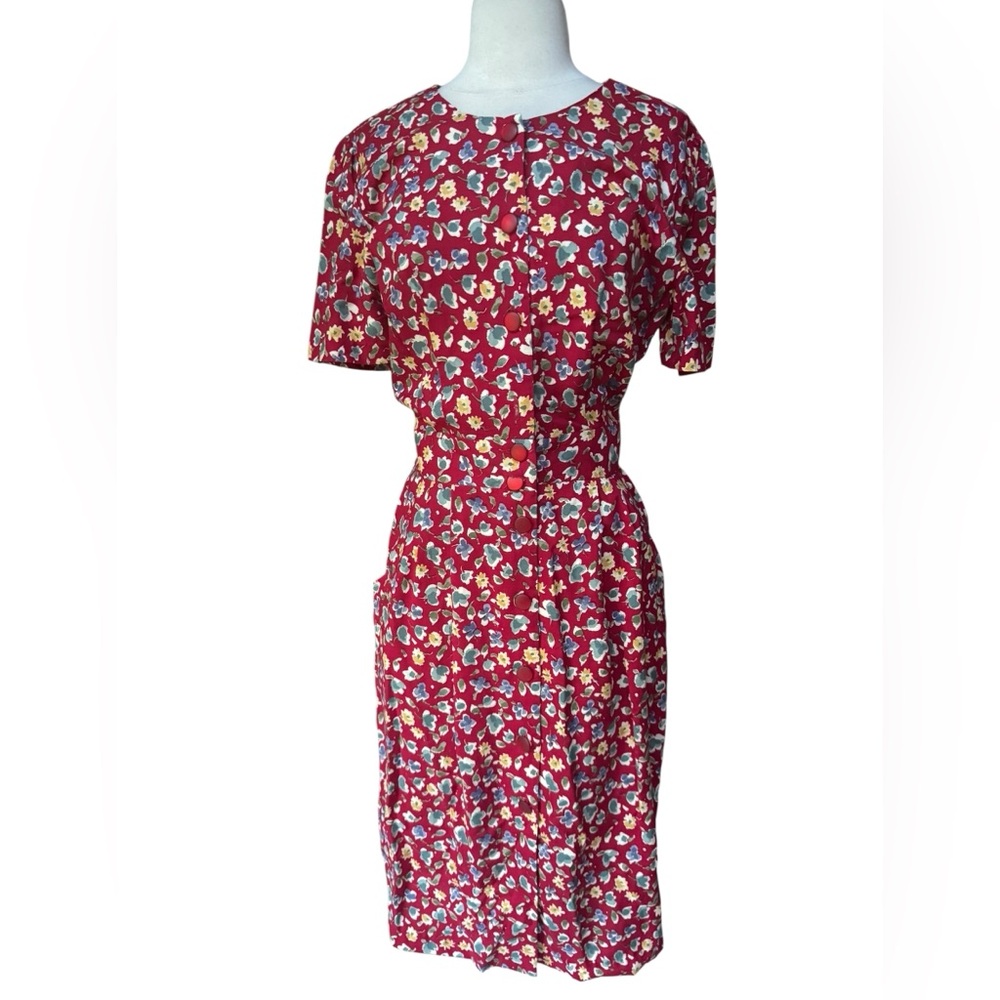 1990s Darian 100% Rayon Floral Front Button Closure w/Smocked Back Waist Dress